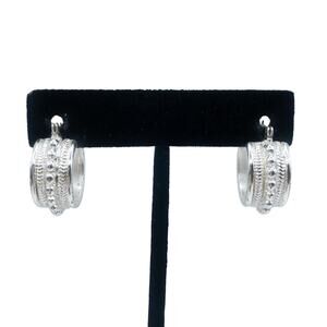 Silver Tone Textured Beaded Huggie Hoop Earrings Boho Tribal Chunky Small Hoops